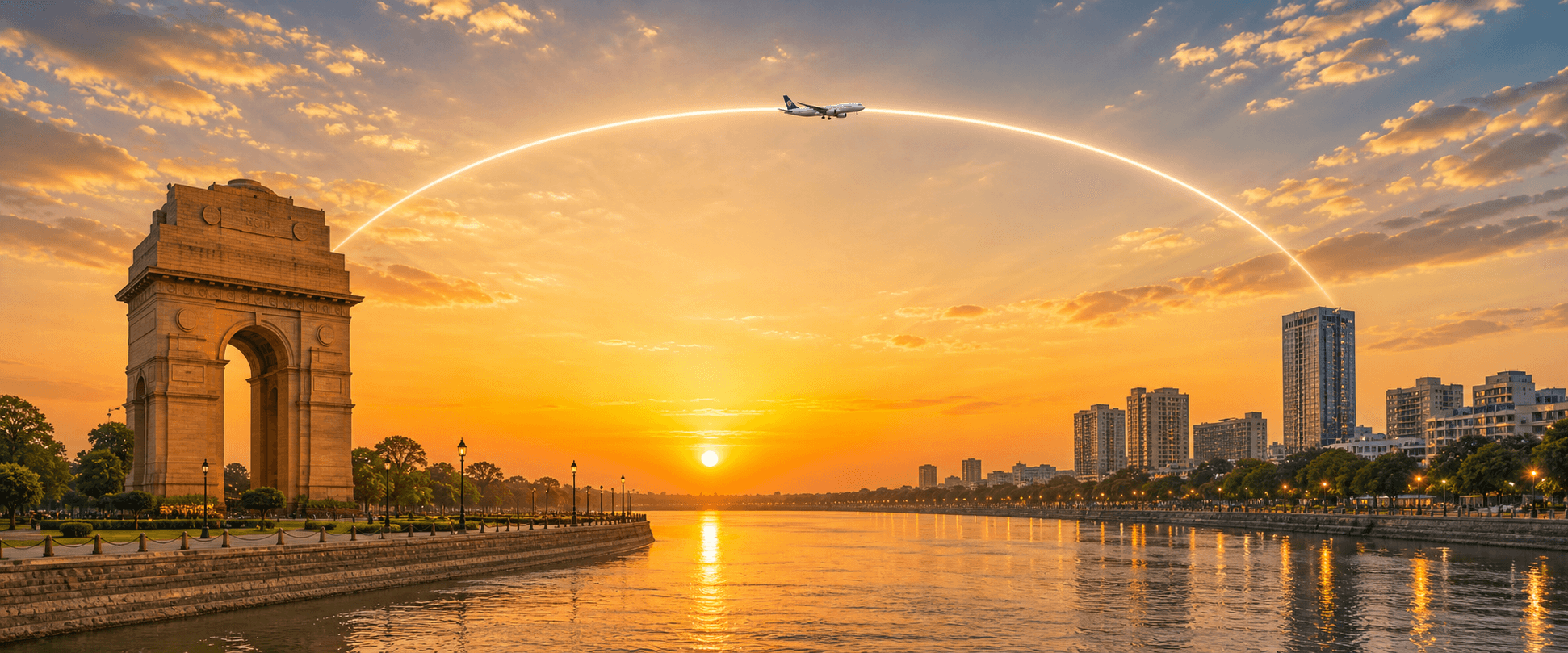 Delhi to Surat travel route hero with a flight path connecting two destinations