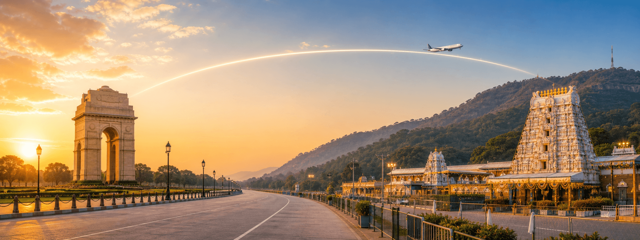 Delhi to Tirupati travel route hero with a flight path connecting two destinations