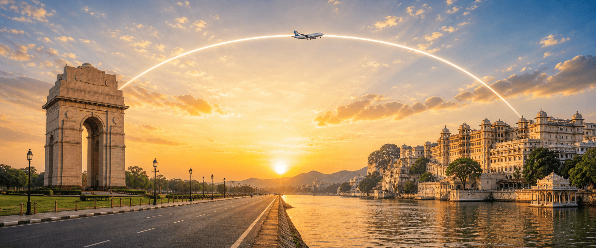 Delhi to Udaipur travel route hero with a flight path connecting two destinations