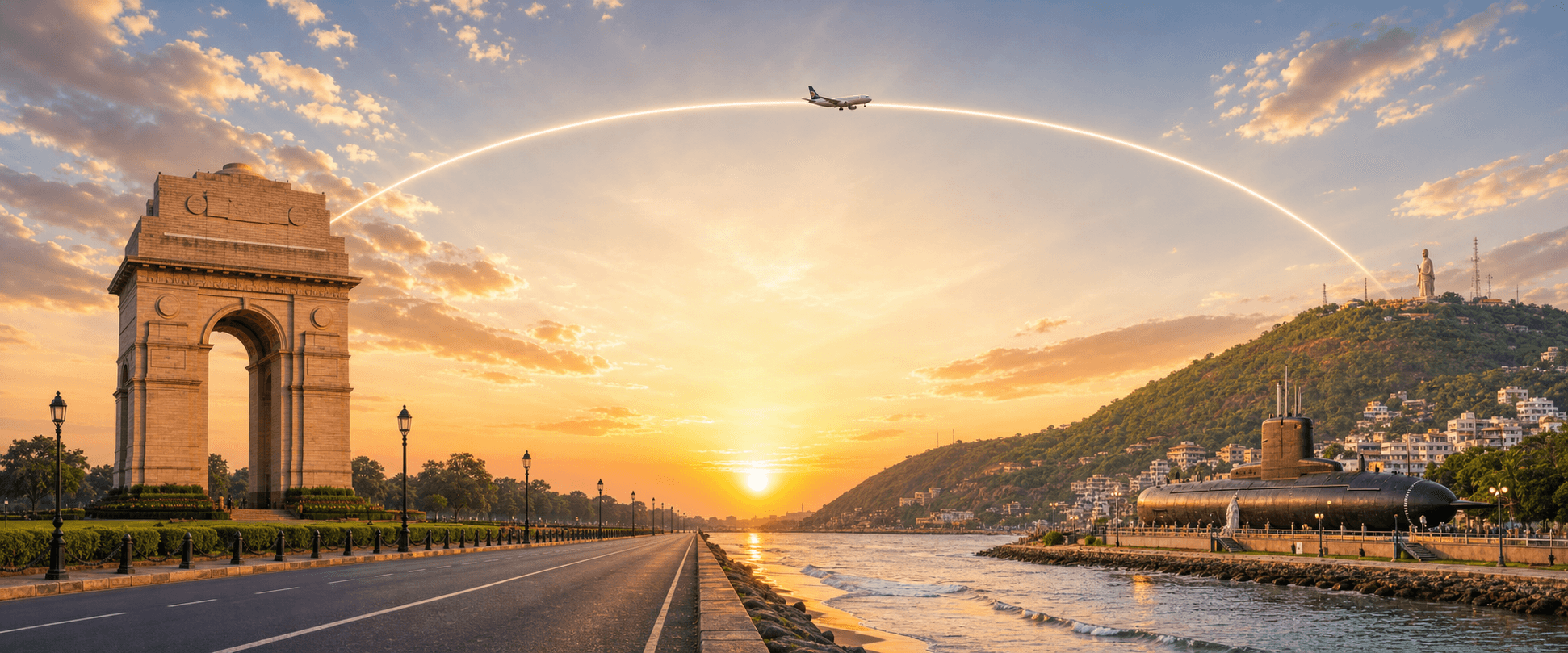Delhi to Visakhapatnam travel route hero with a flight path connecting two destinations