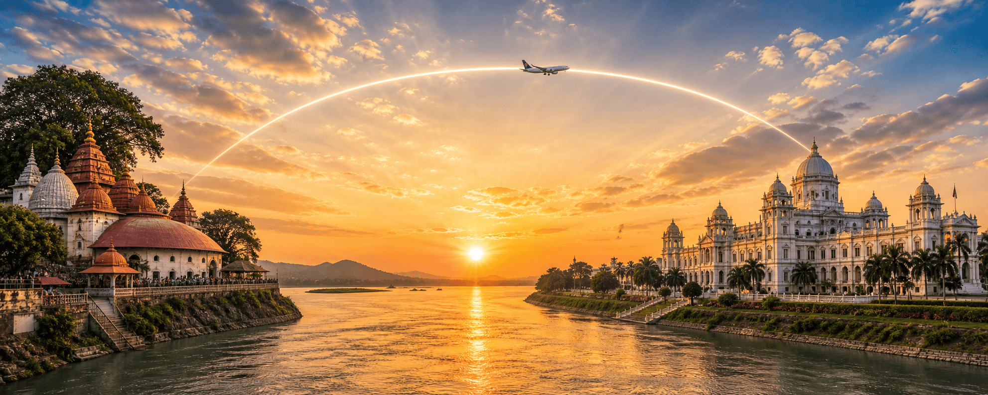 Guwahati to Agartala travel route hero with a flight path connecting two destinations