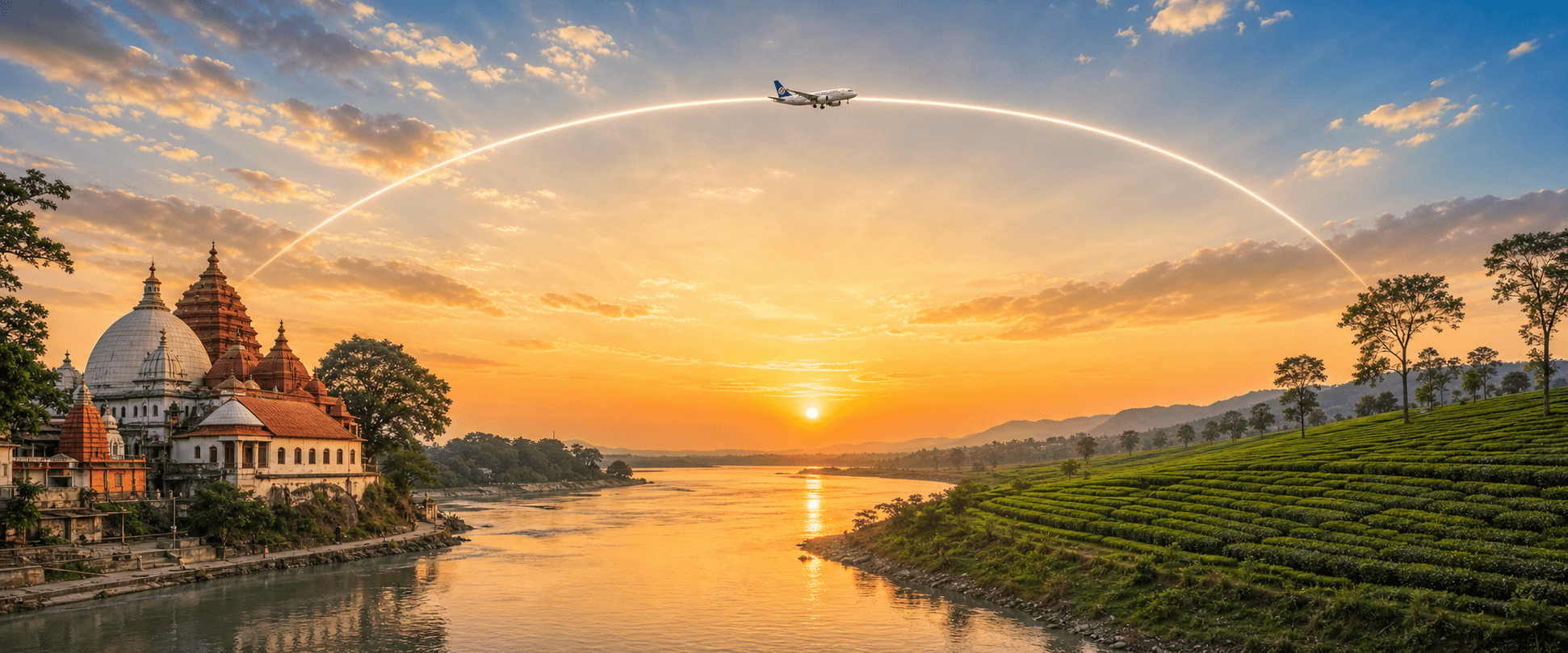 Guwahati to Dibrugarh travel route hero with a flight path connecting two destinations