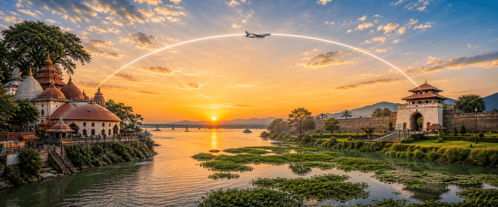 Guwahati to Imphal travel route hero with a flight path connecting two destinations