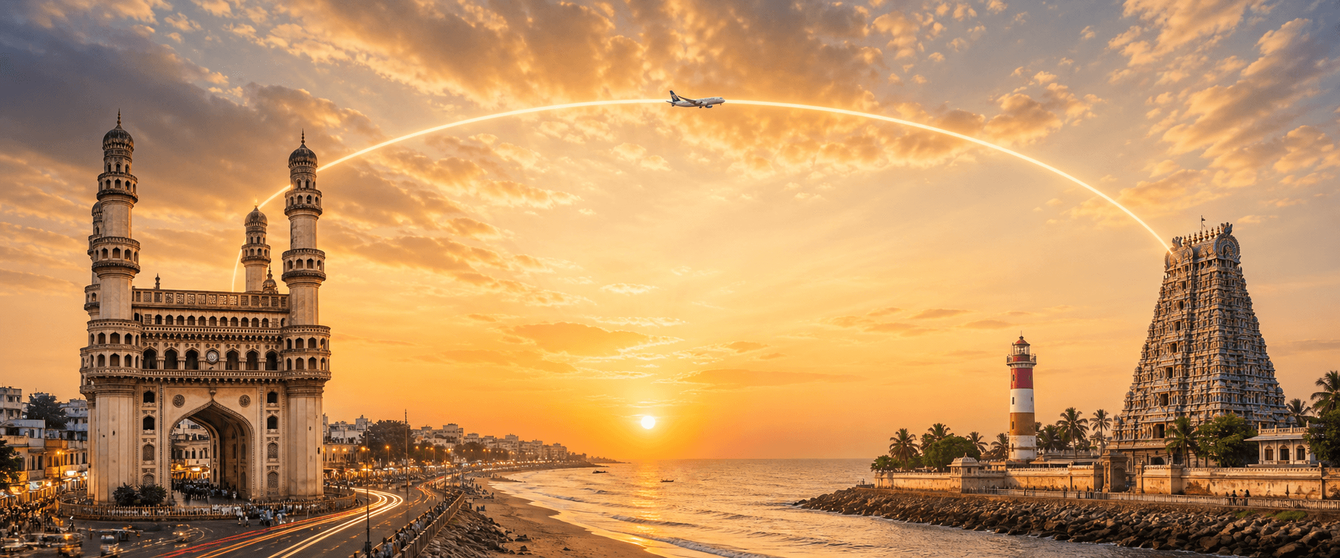 Hyderabad to Chennai travel route hero with a flight path connecting two destinations