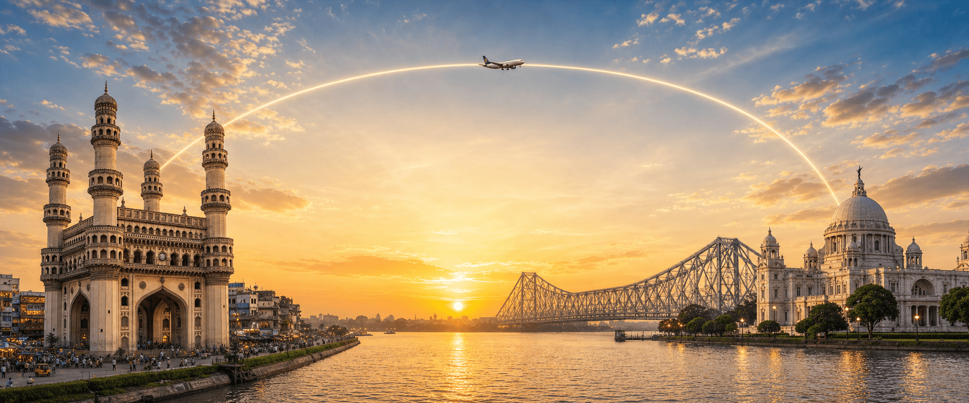 Hyderabad to Kolkata travel route hero with a flight path connecting two destinations