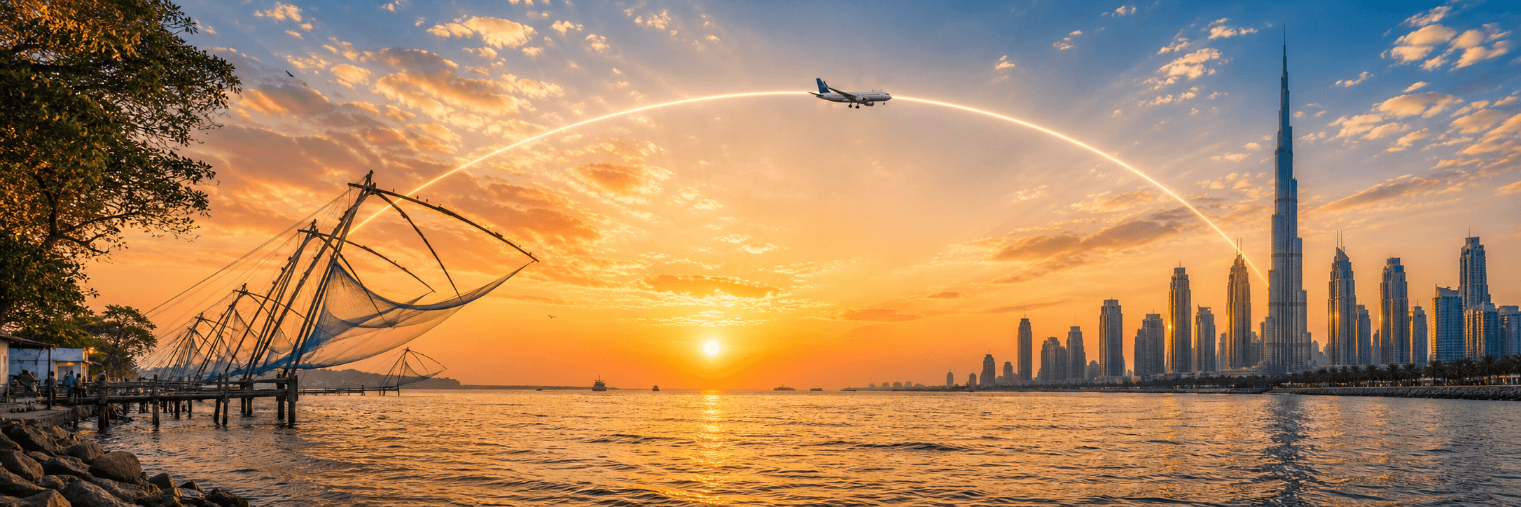 Kochi to Dubai travel route hero with a flight path connecting two destinations