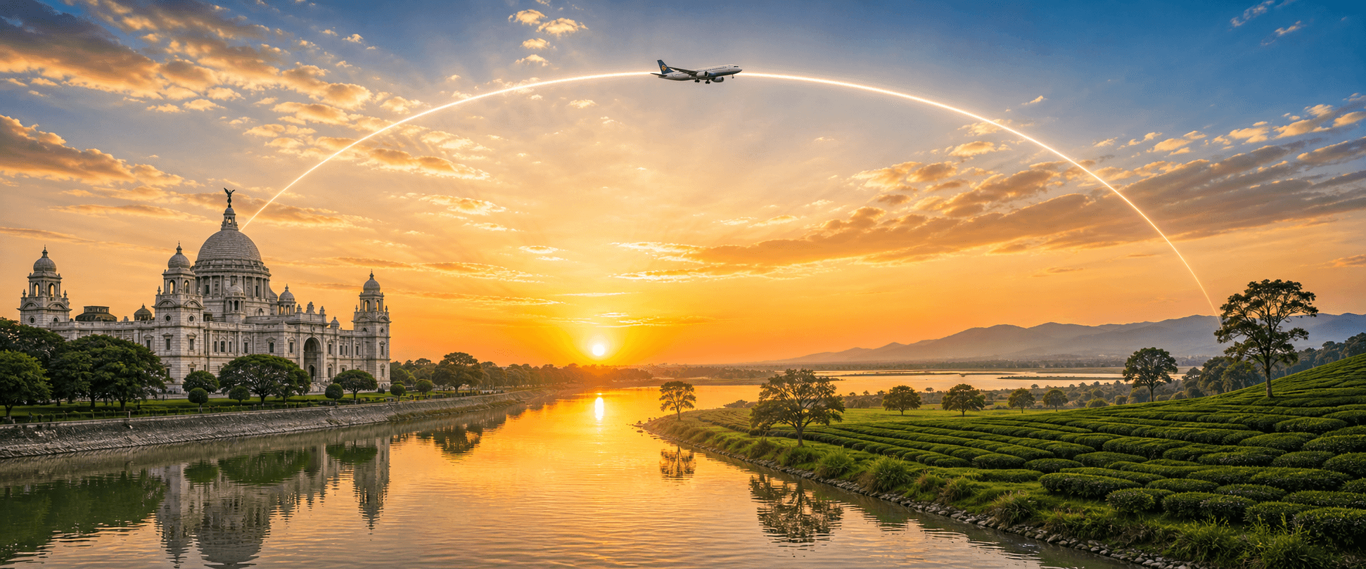 Kolkata to Dibrugarh travel route hero with a flight path connecting two destinations