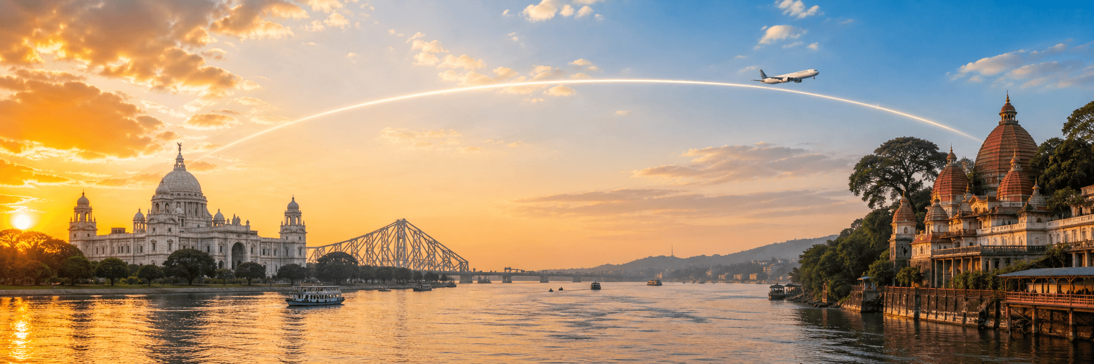 Kolkata to Guwahati travel route hero with a flight path connecting two destinations
