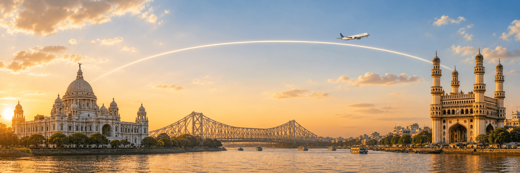 Kolkata to Hyderabad travel route hero with a flight path connecting two destinations