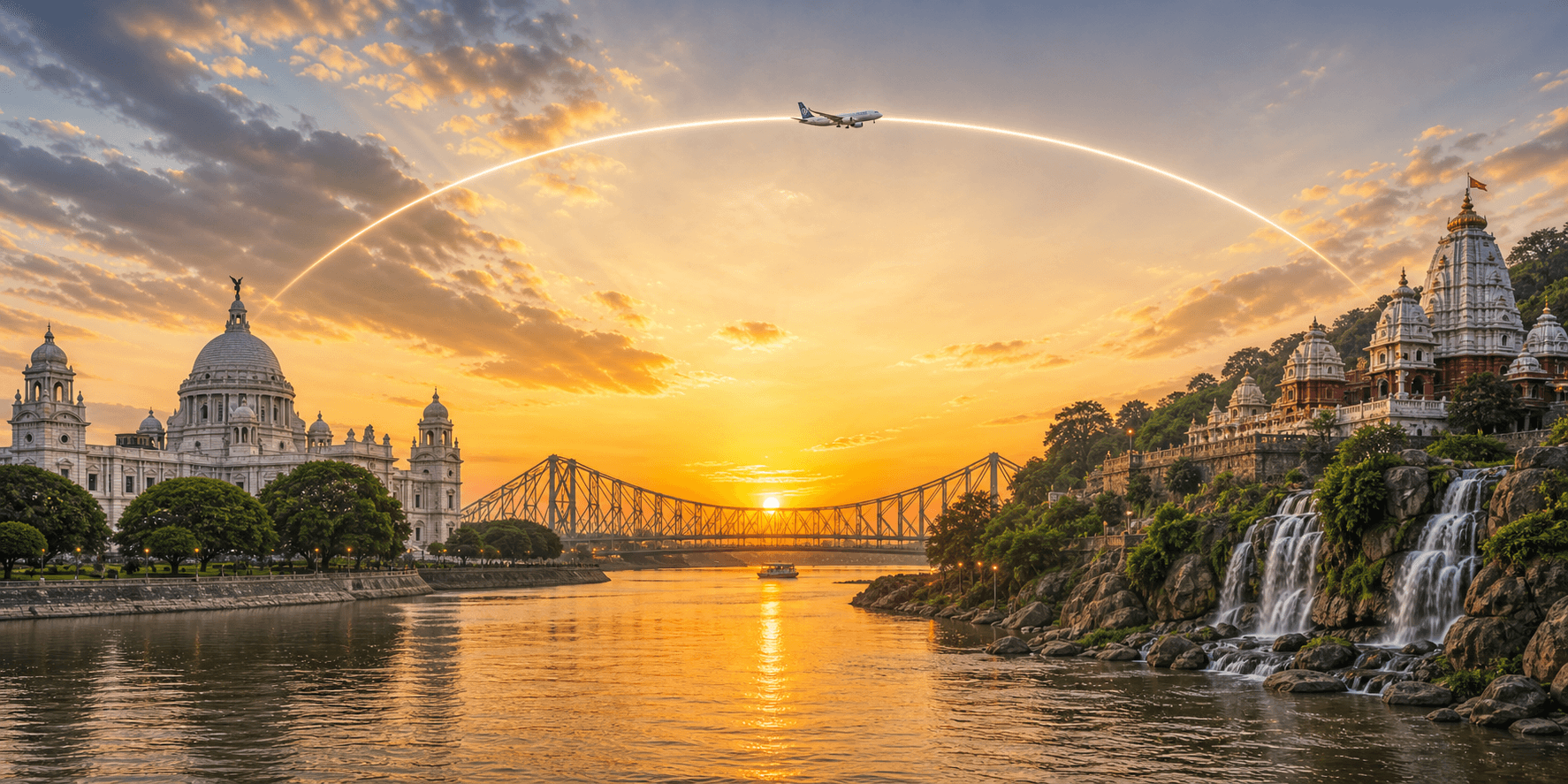 Kolkata to Ranchi travel route hero with a flight path connecting two destinations