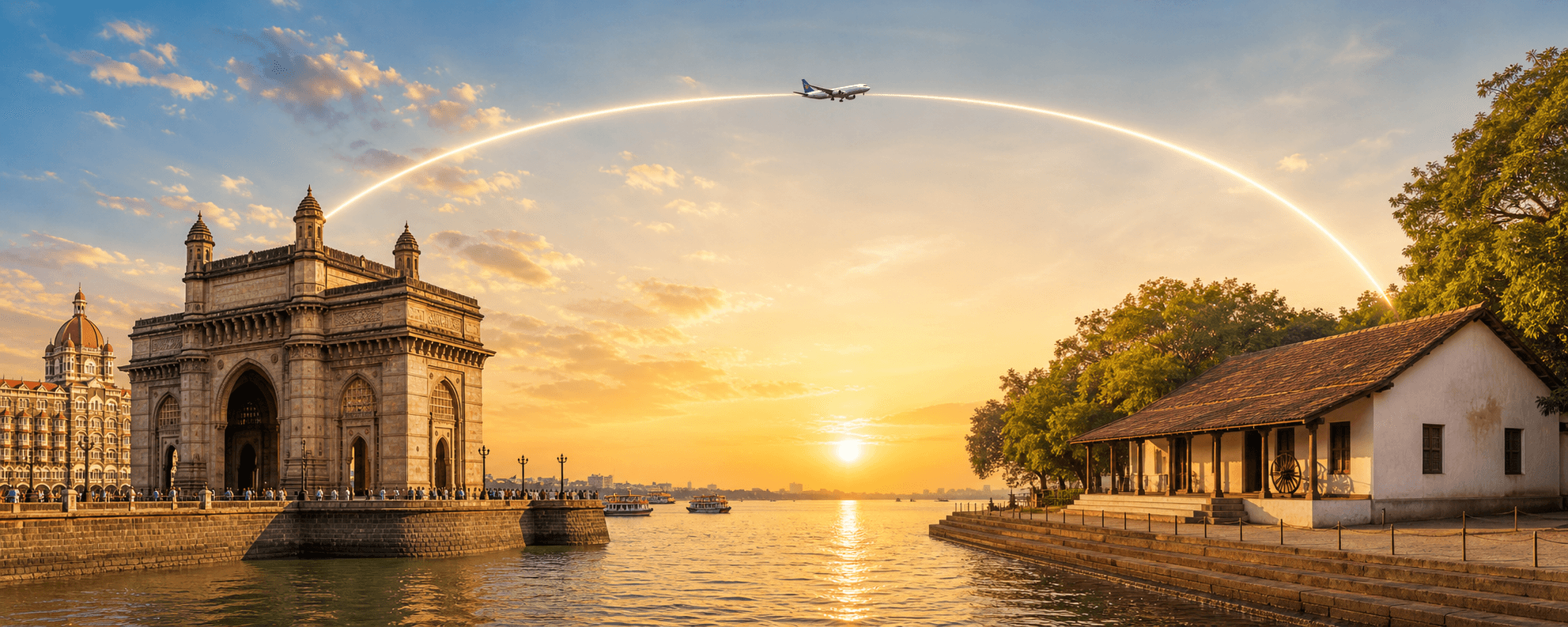 Mumbai to Ahmedabad travel route hero with a flight path connecting two destinations