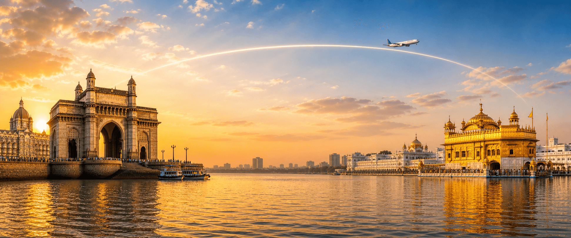 Mumbai to Amritsar travel route hero with a flight path connecting two destinations