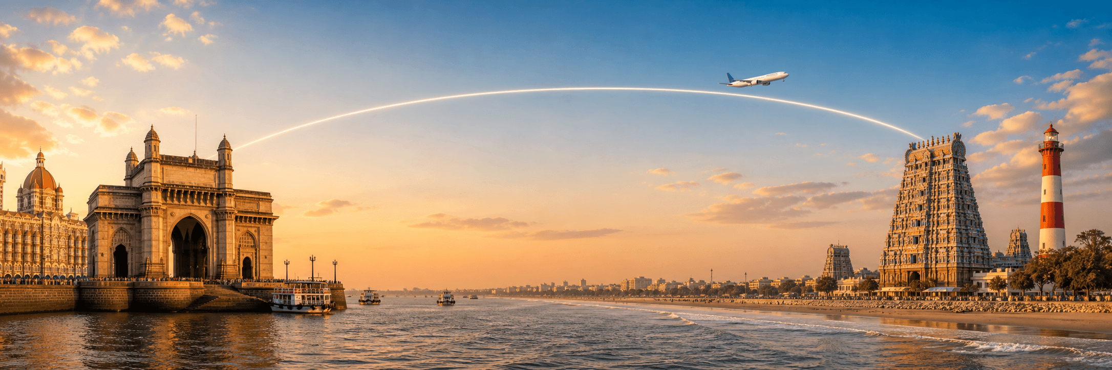 Mumbai to Chennai travel route hero with a flight path connecting two destinations