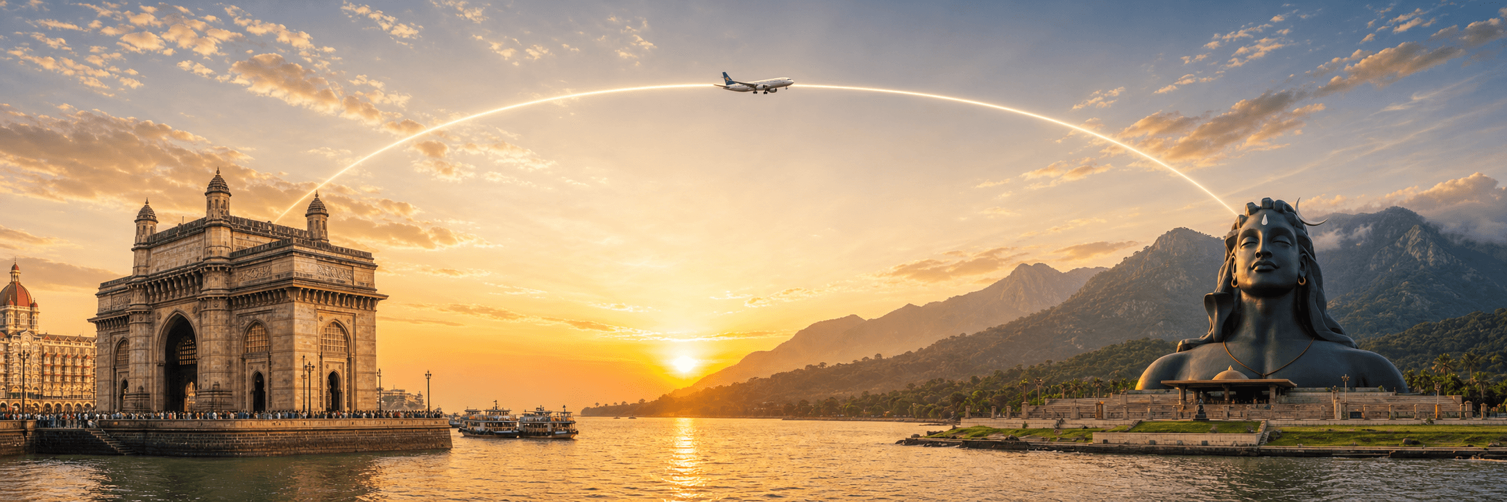 Mumbai to Coimbatore travel route hero with a flight path connecting two destinations