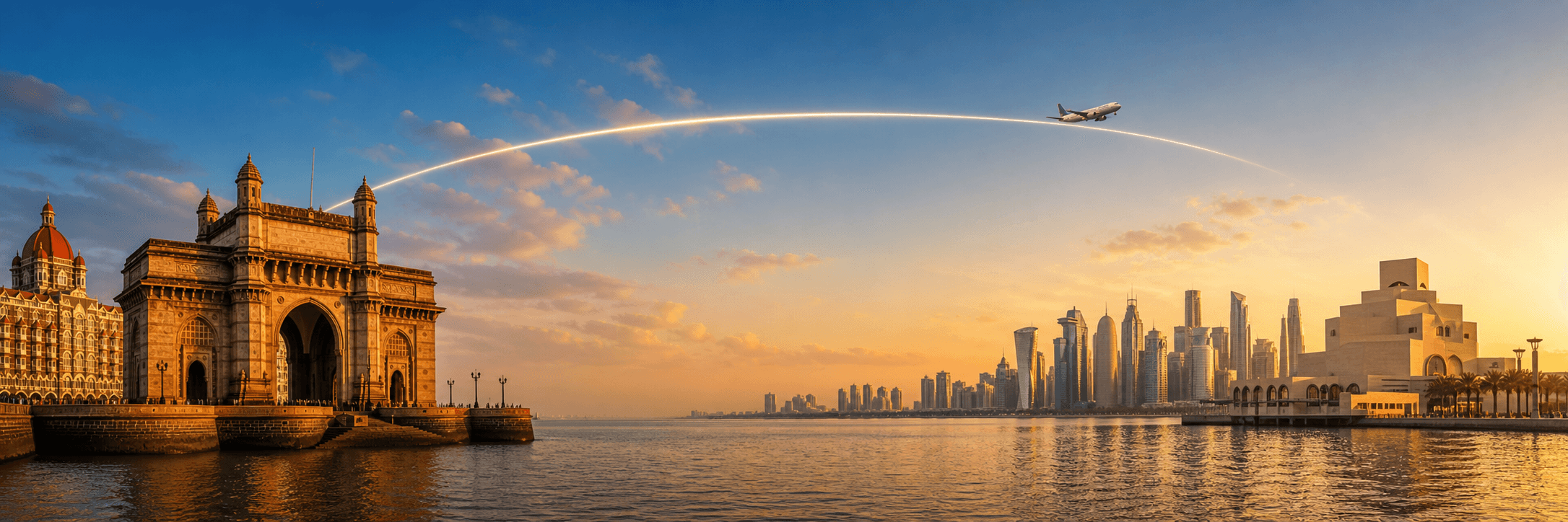 Mumbai to Doha travel route hero with a flight path connecting two destinations