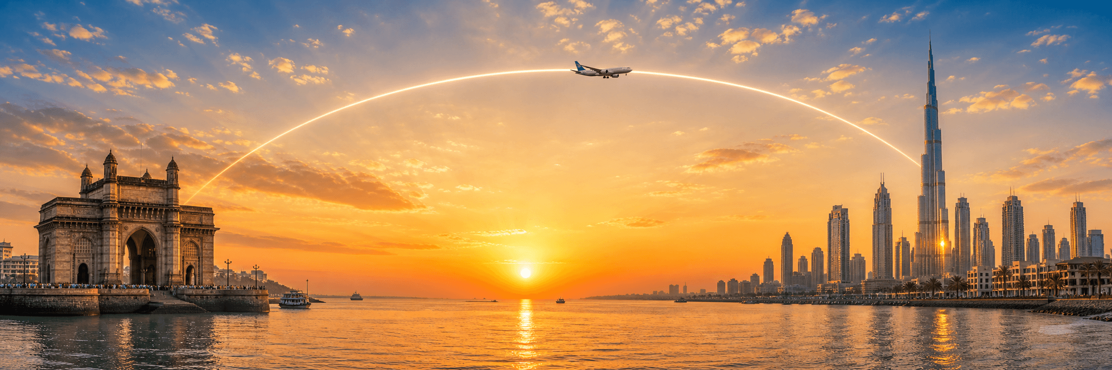 Mumbai to Dubai travel route hero with a flight path connecting two destinations
