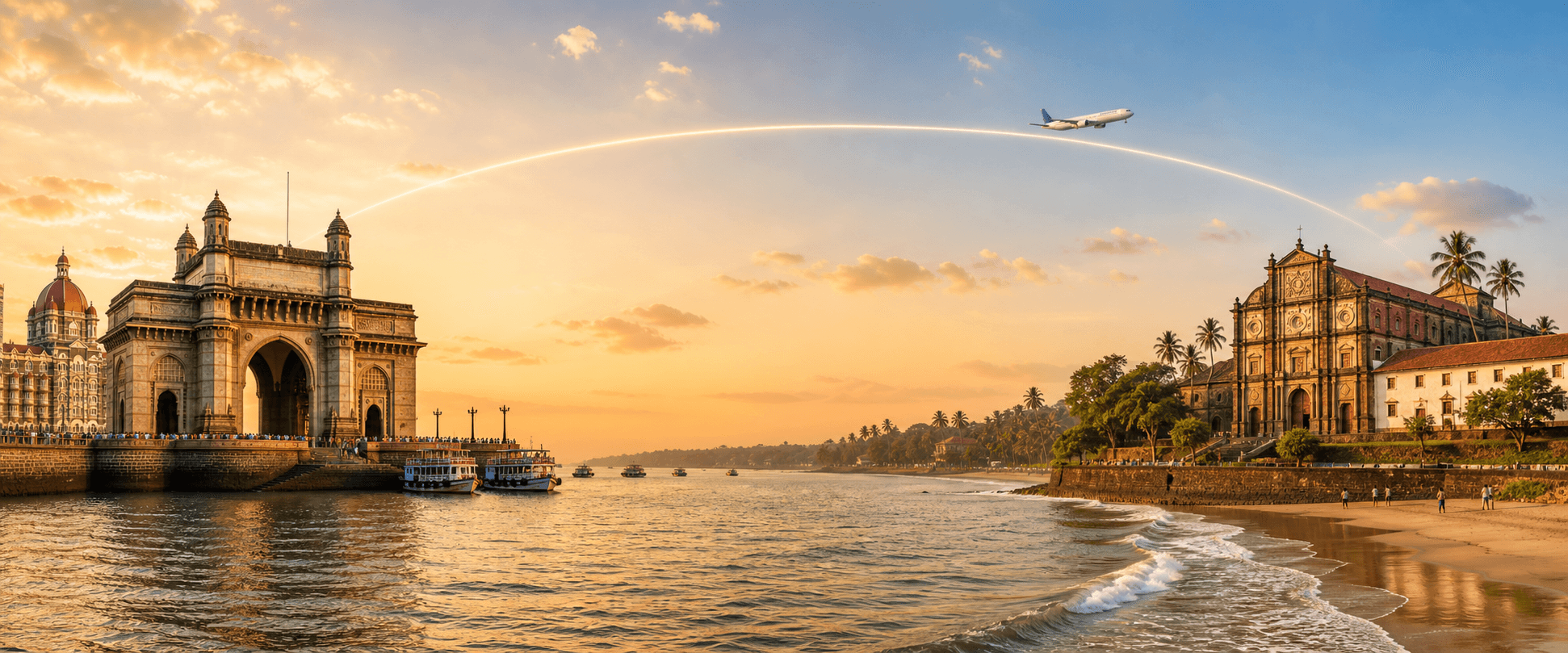 Mumbai to Goa travel route hero with a flight path connecting two destinations