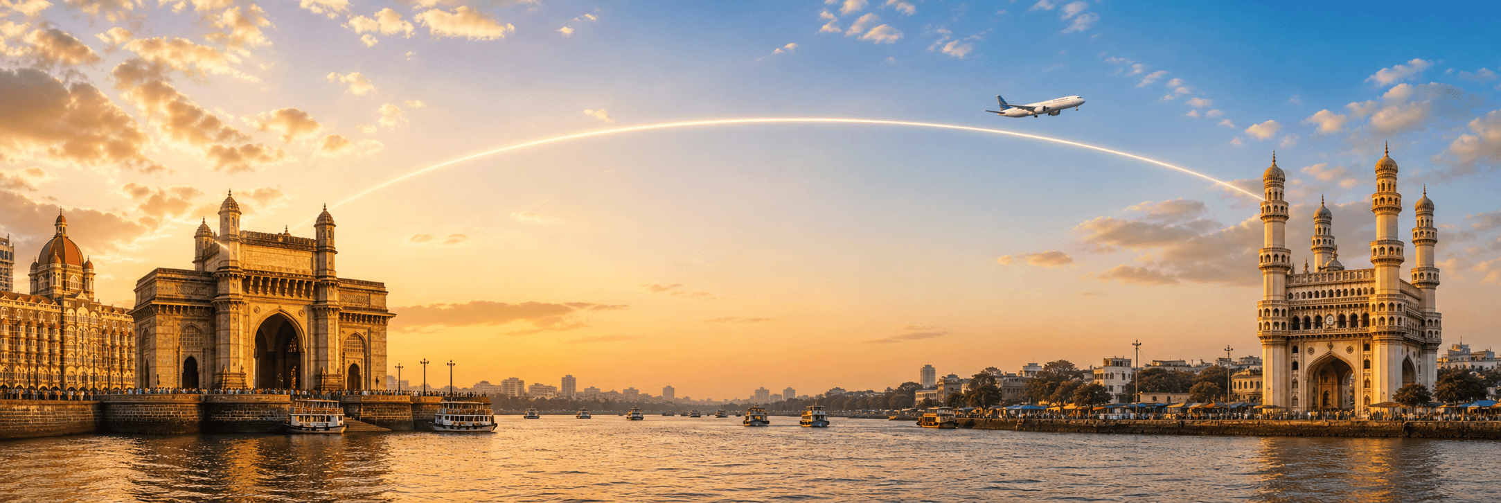 Mumbai to Hyderabad travel route hero with a flight path connecting two destinations