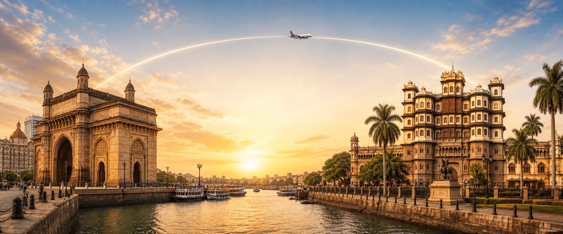 Mumbai to Indore travel route hero with a flight path connecting two destinations