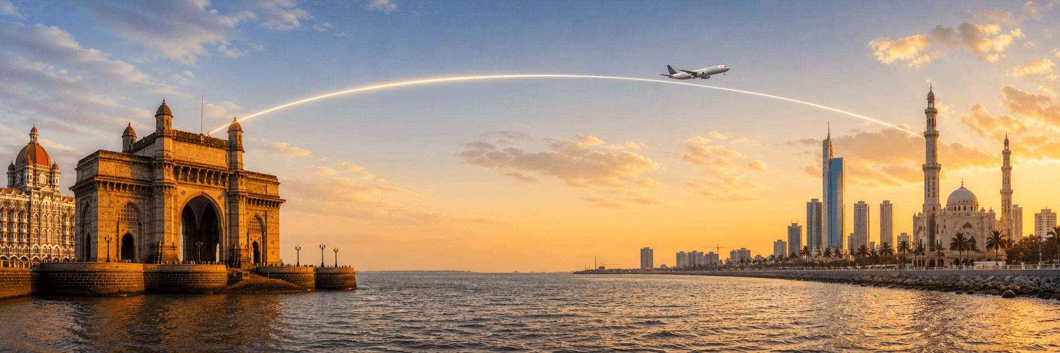 Mumbai to Jeddah travel route hero with a flight path connecting two destinations