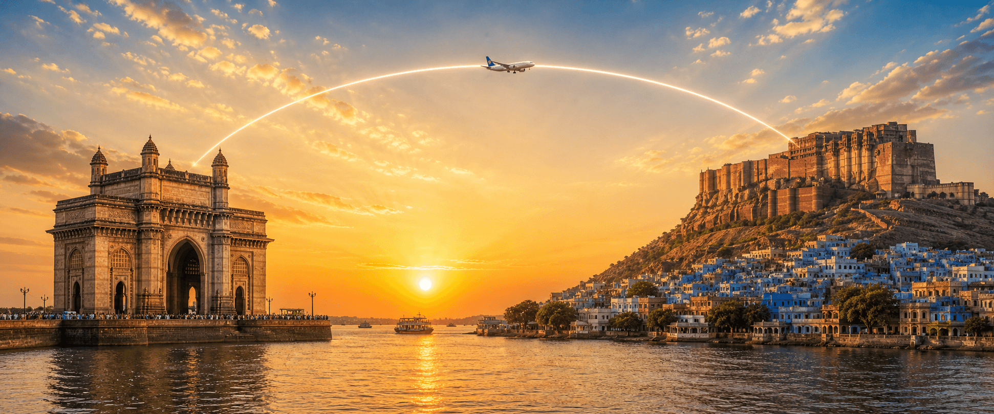 Mumbai to Jodhpur travel route hero with a flight path connecting two destinations