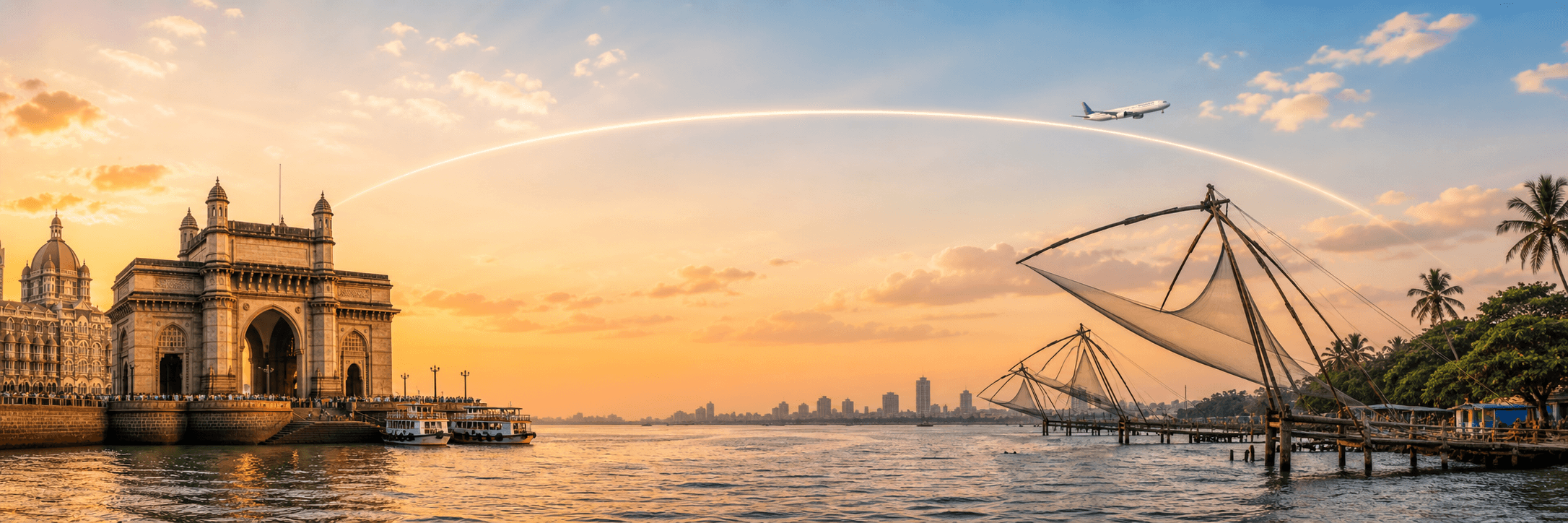 Mumbai to Kochi travel route hero with a flight path connecting two destinations