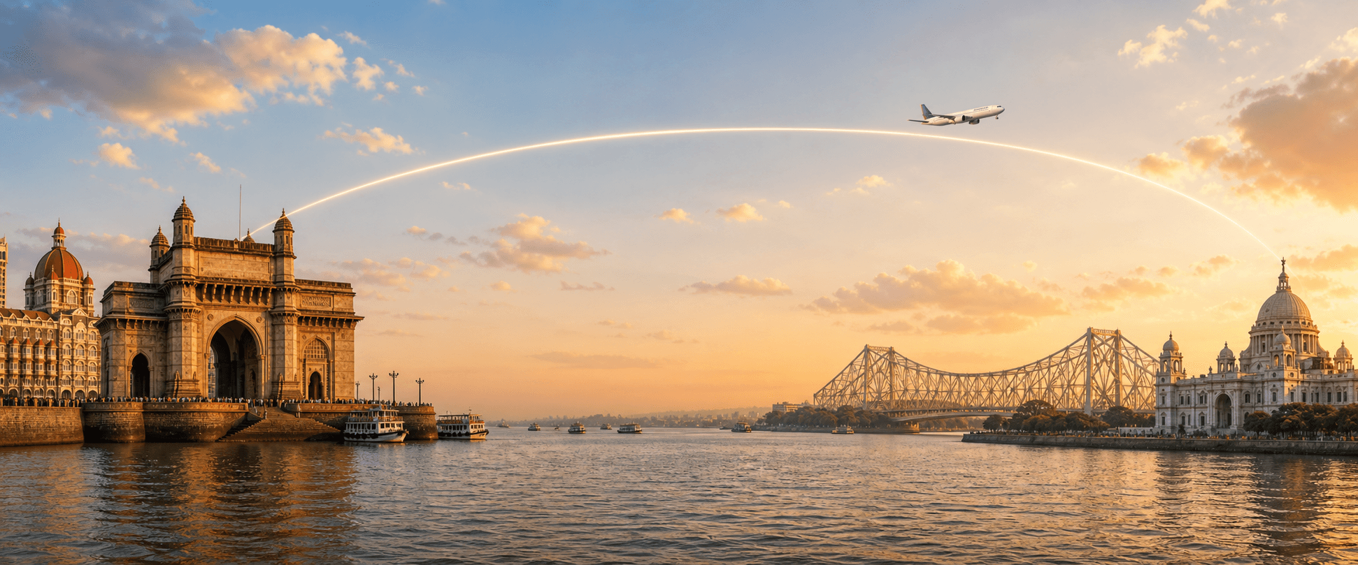 Mumbai to Kolkata travel route hero with a flight path connecting two destinations
