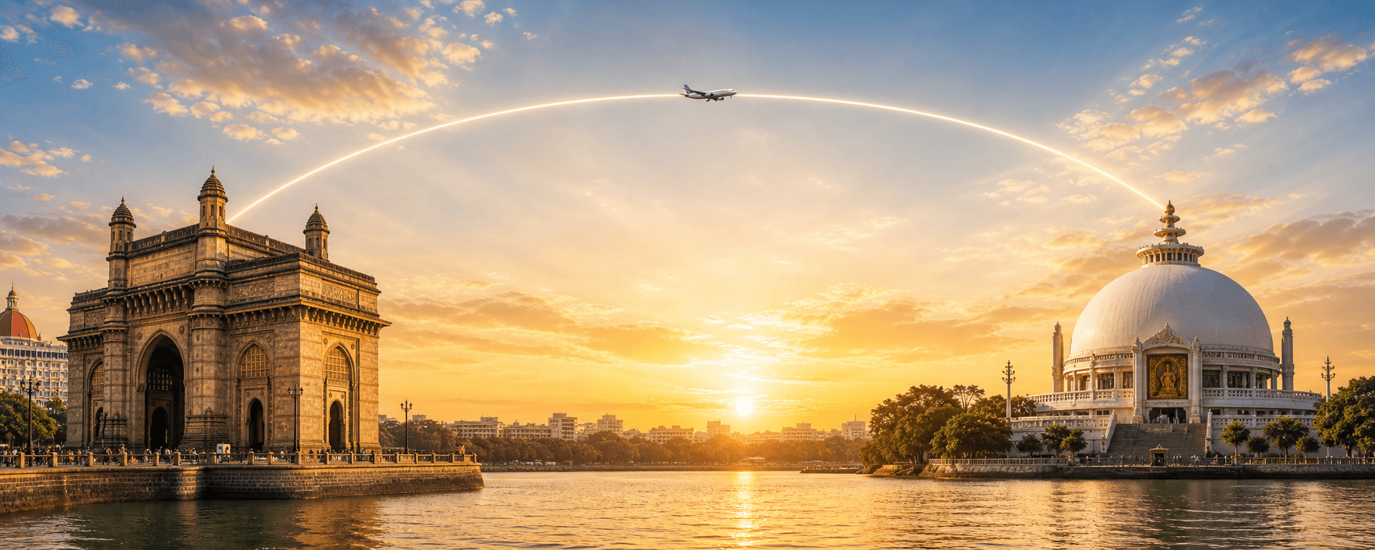 Mumbai to Nagpur travel route hero with a flight path connecting two destinations