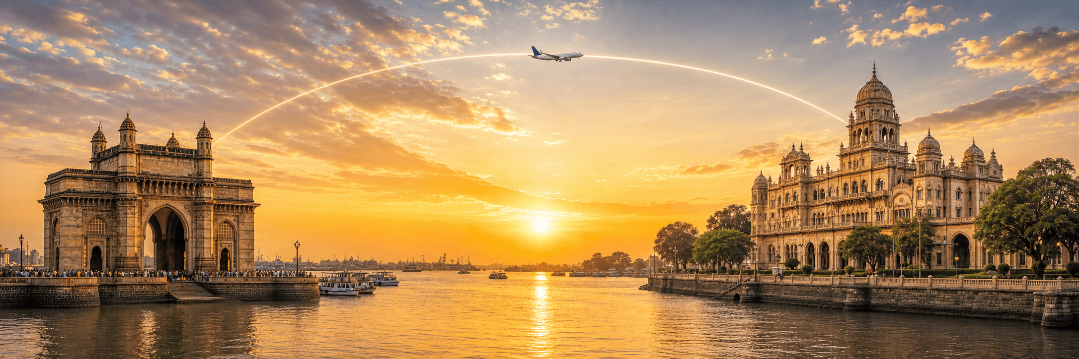 Mumbai to Rajkot travel route hero with a flight path connecting two destinations