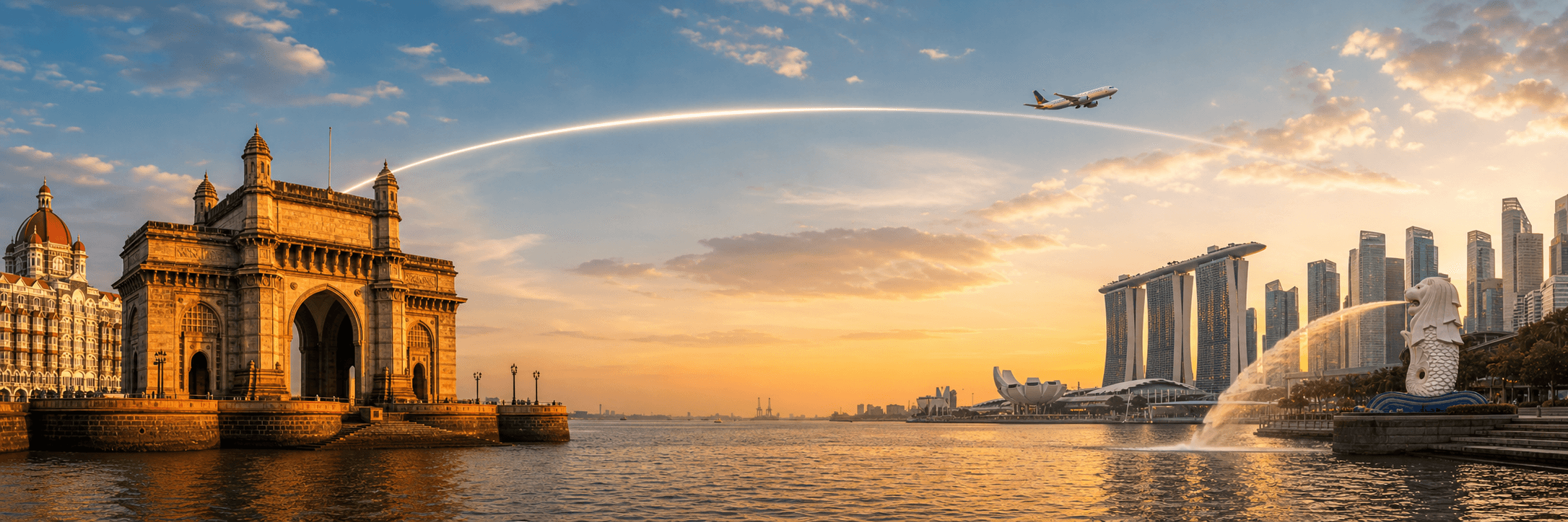 Mumbai to Singapore travel route hero with a flight path connecting two destinations
