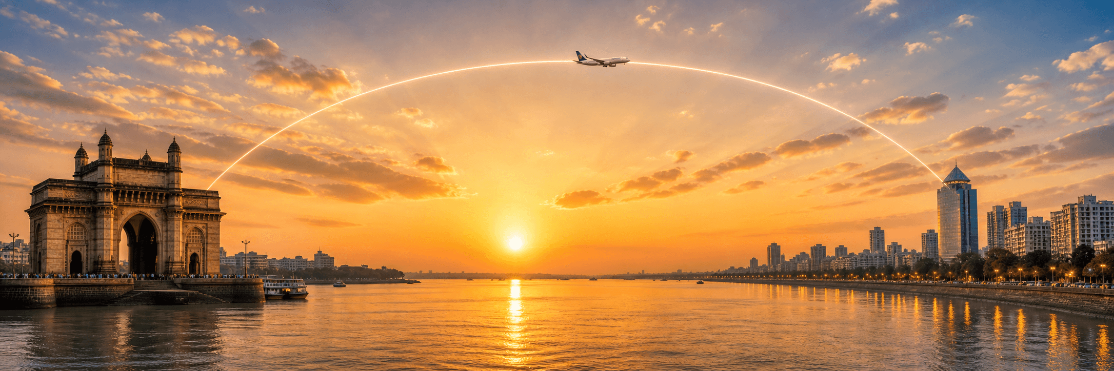 Mumbai to Surat travel route hero with a flight path connecting two destinations