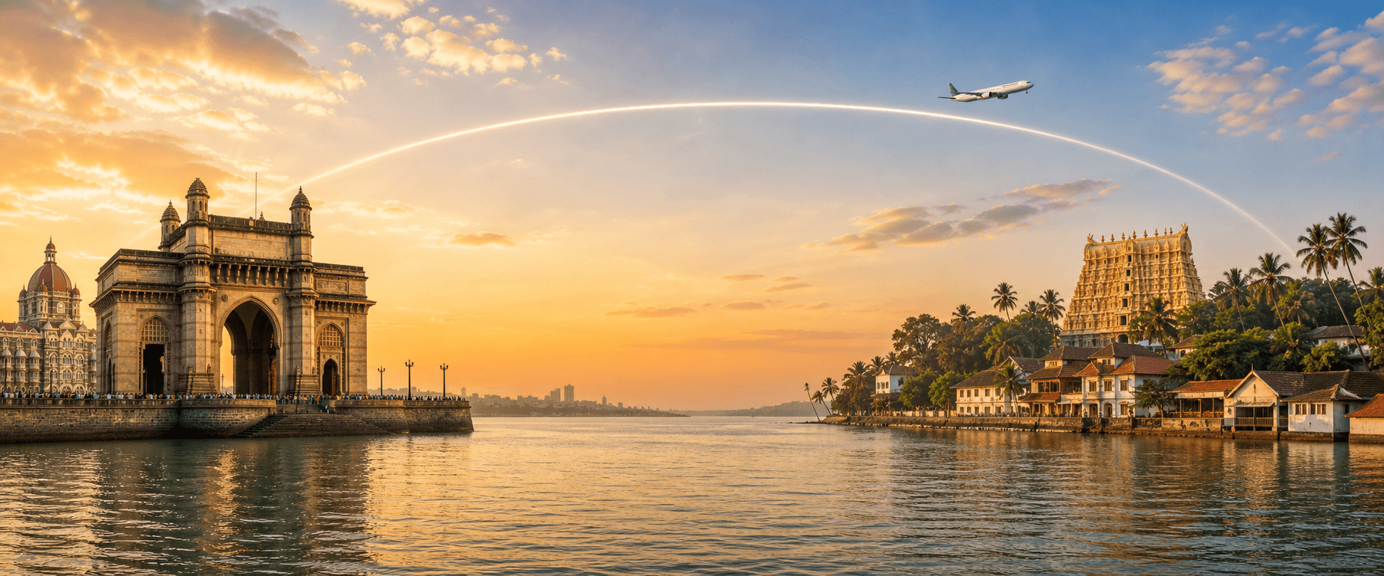 Mumbai to Thiruvananthapuram travel route hero with a flight path connecting two destinations