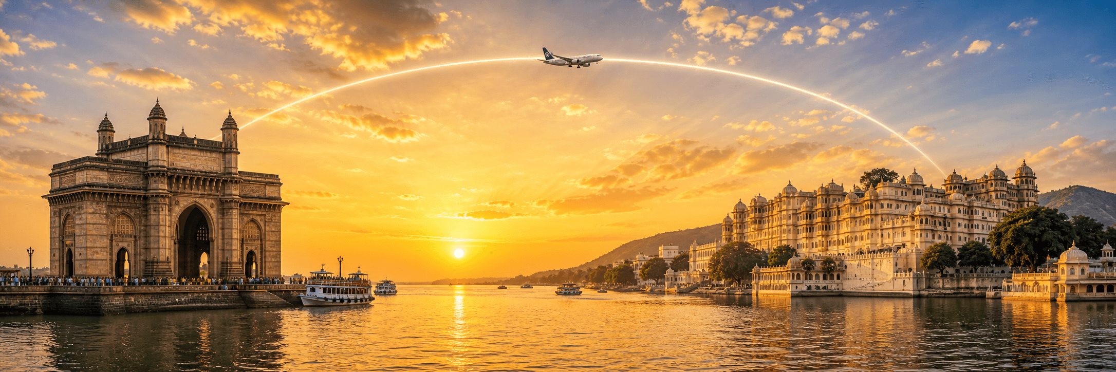 Mumbai to Udaipur travel route hero with a flight path connecting two destinations