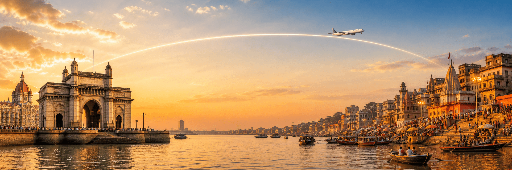Mumbai to Varanasi travel route hero with a flight path connecting two destinations