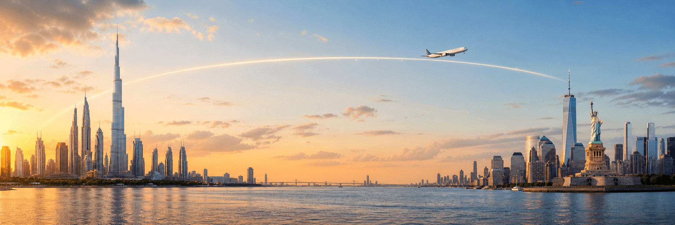 A flight path arcing between city skylines, representing connected travel routes