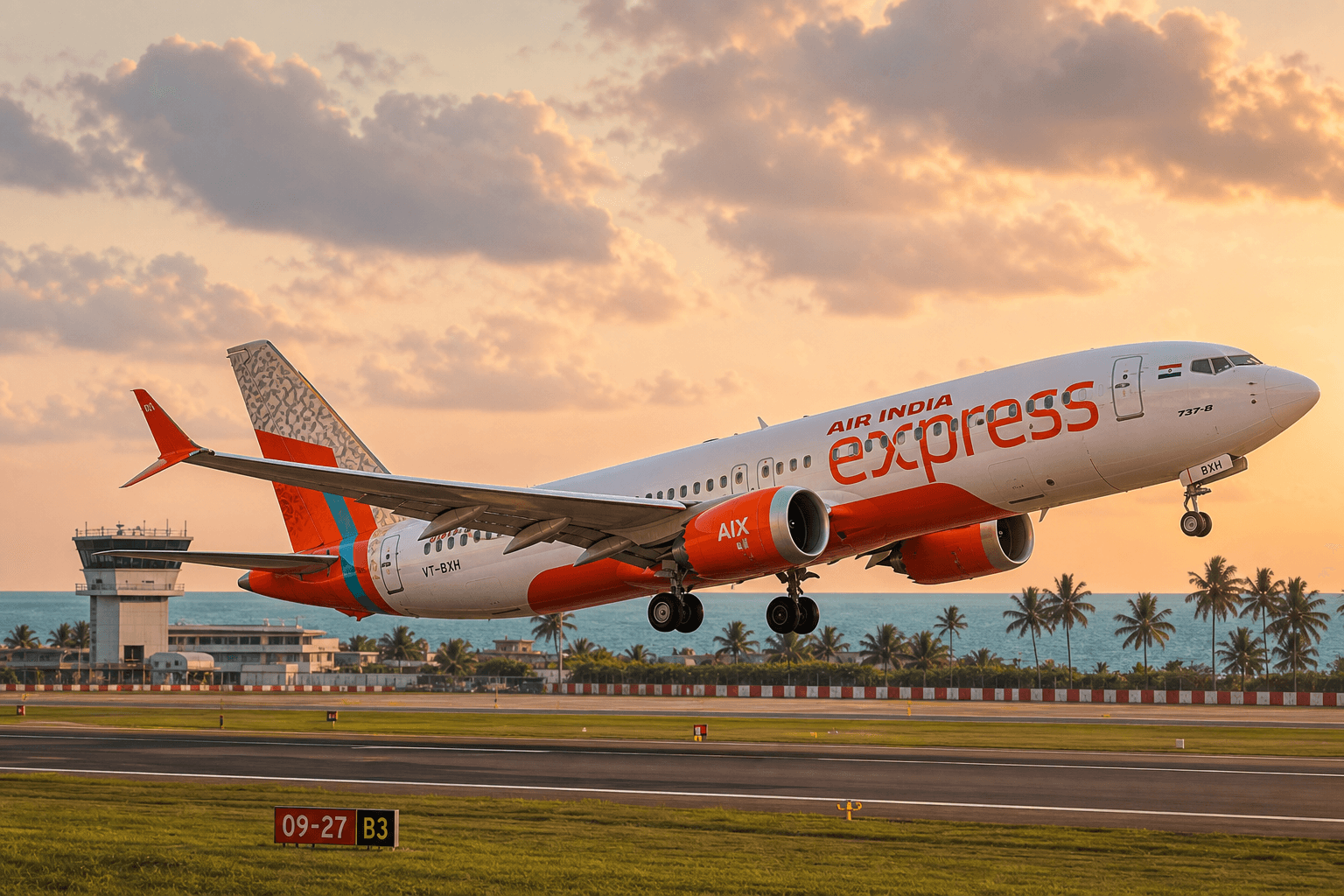 Air India Express aircraft taking off from an airport runway