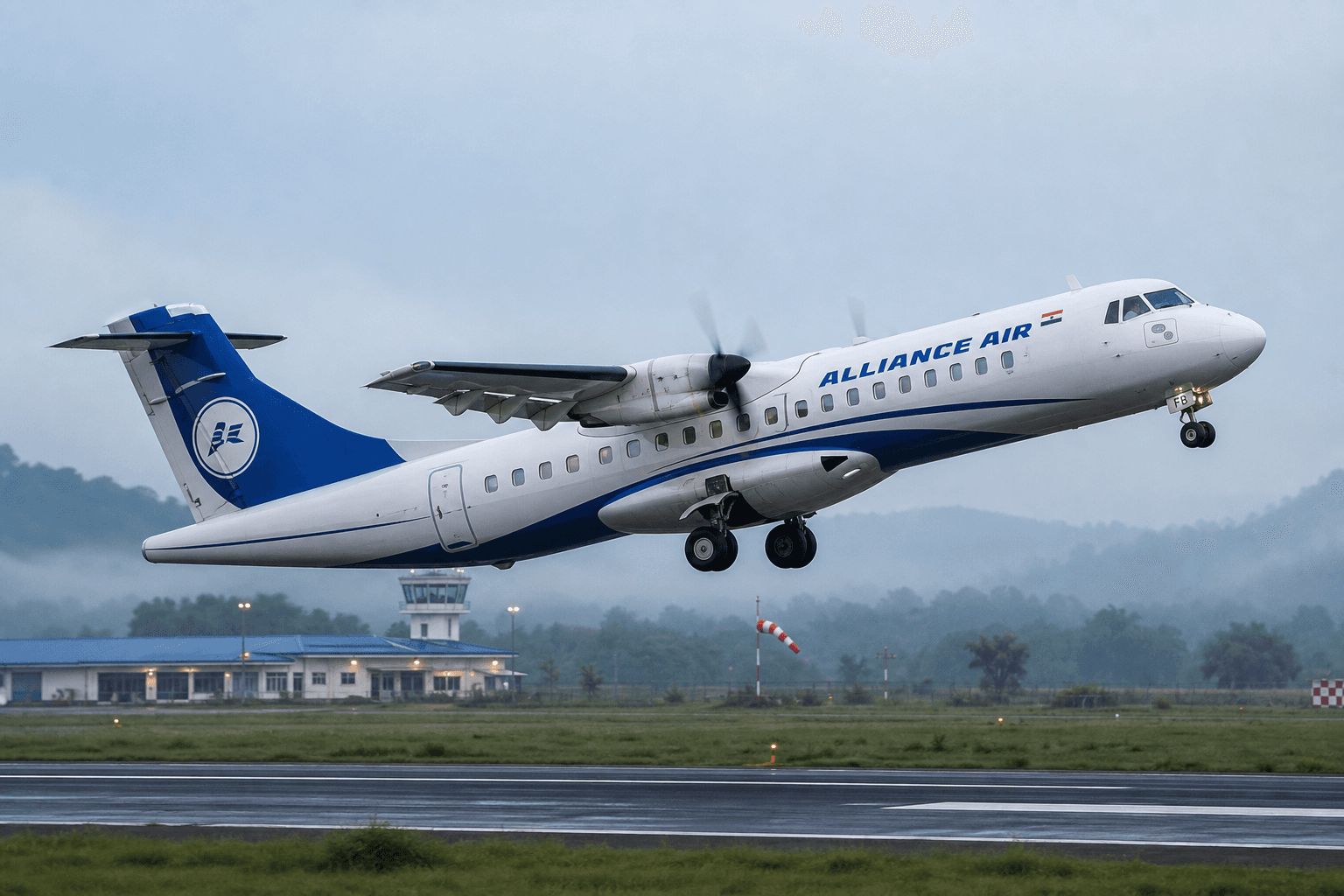 Alliance Air aircraft taking off from an airport runway