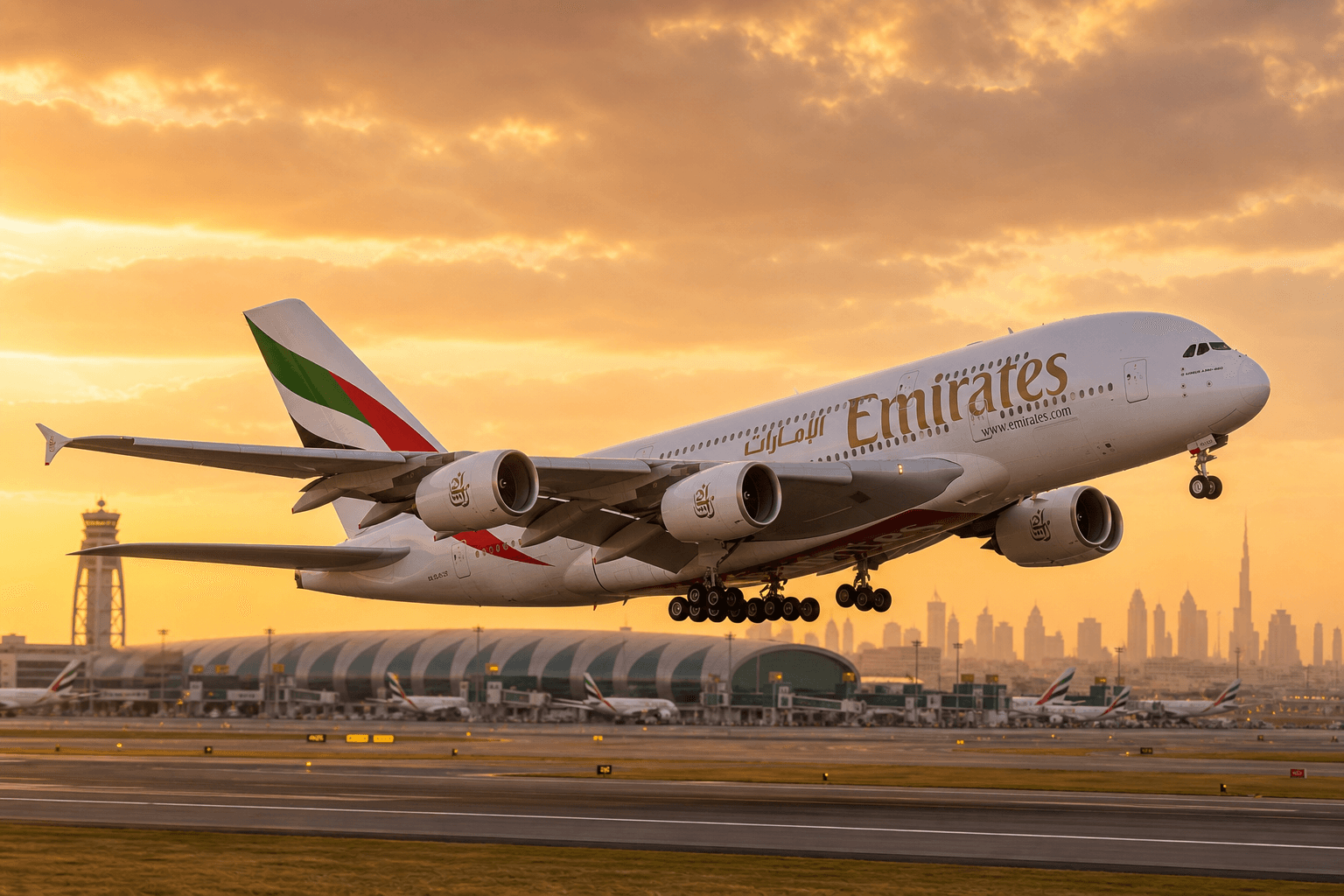 Emirates aircraft taking off from an airport runway