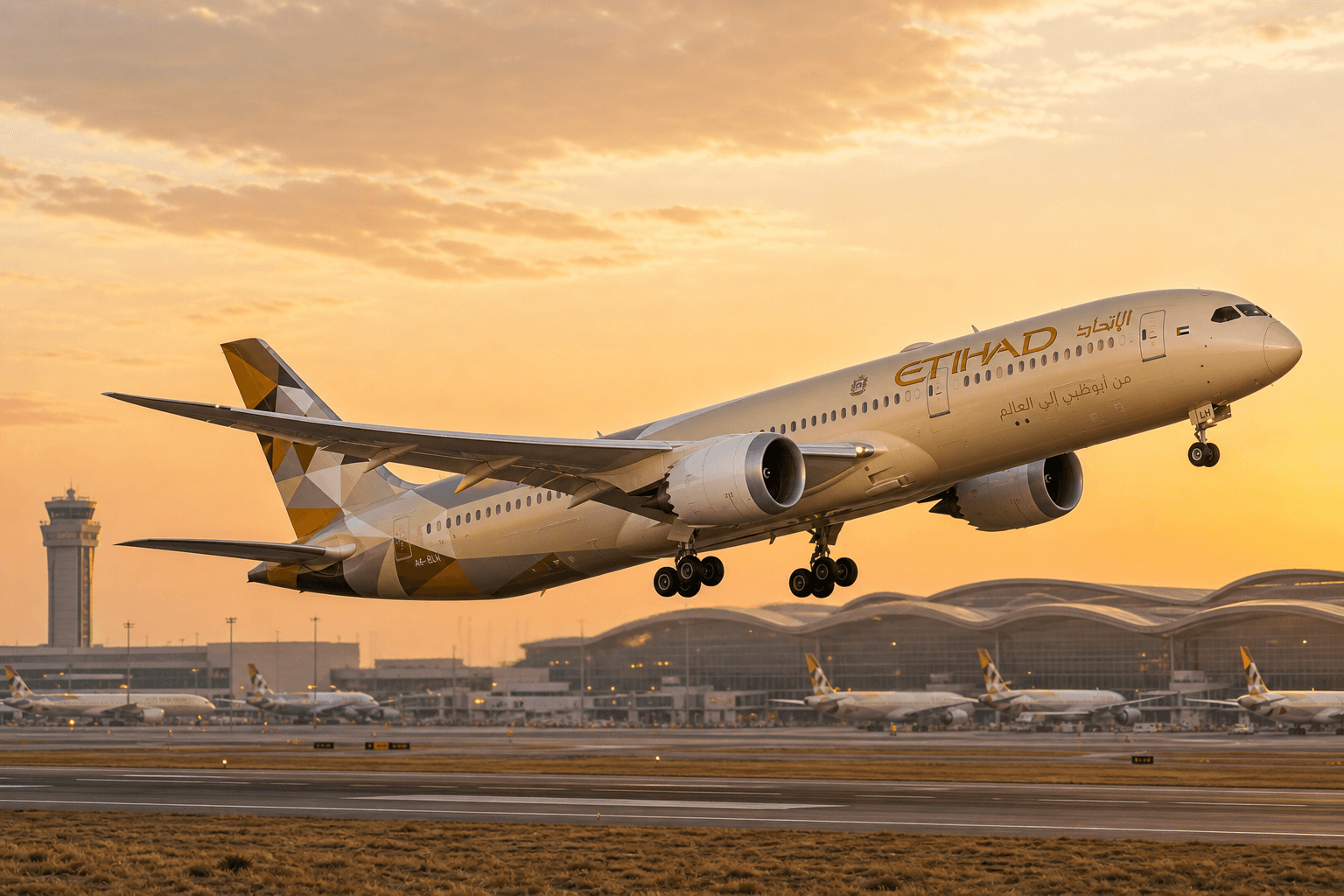 Etihad Airways aircraft taking off from an airport runway
