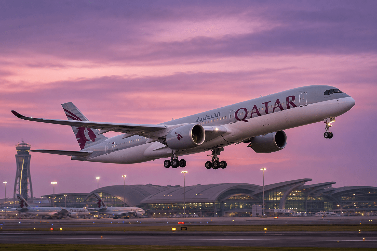 Qatar Airways aircraft taking off from an airport runway