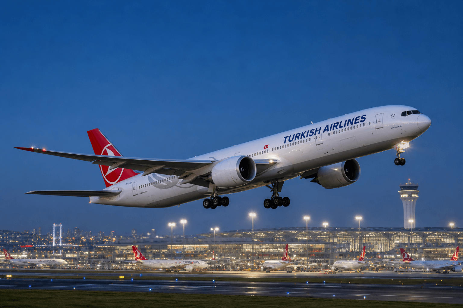 Turkish Airlines aircraft taking off from an airport runway