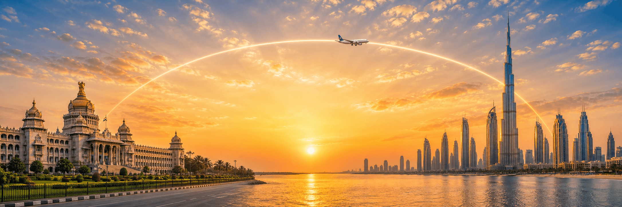 Bengaluru to Dubai travel route hero with a flight path connecting two destinations