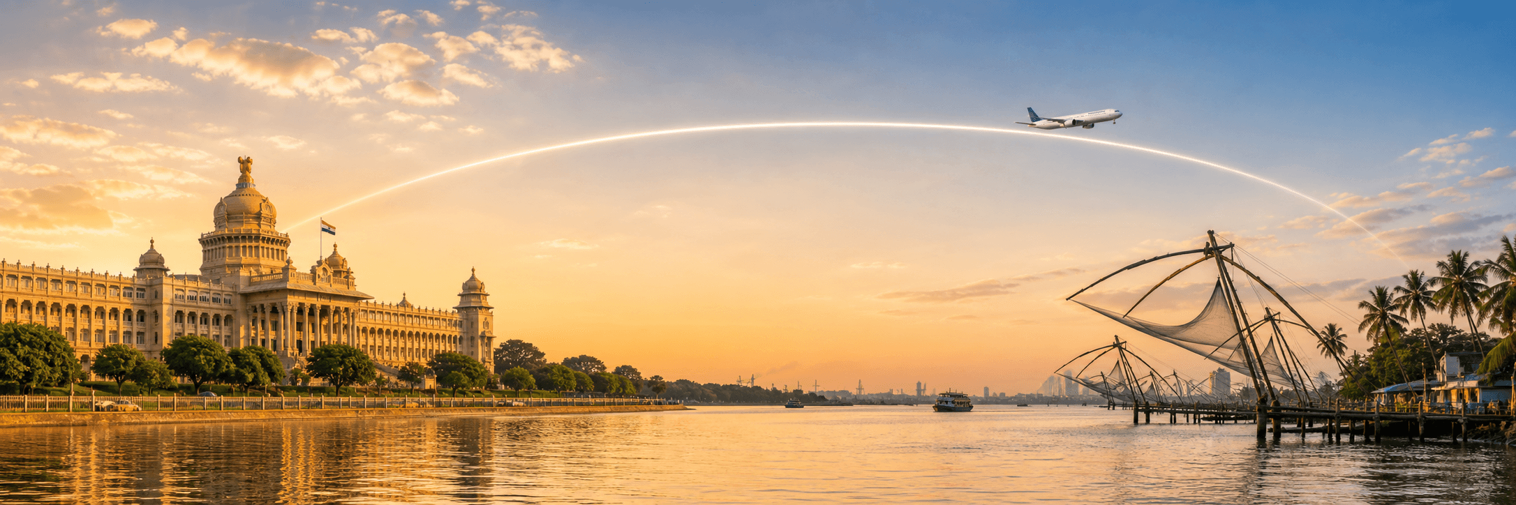 Bengaluru to Kochi travel route hero with a flight path connecting two destinations