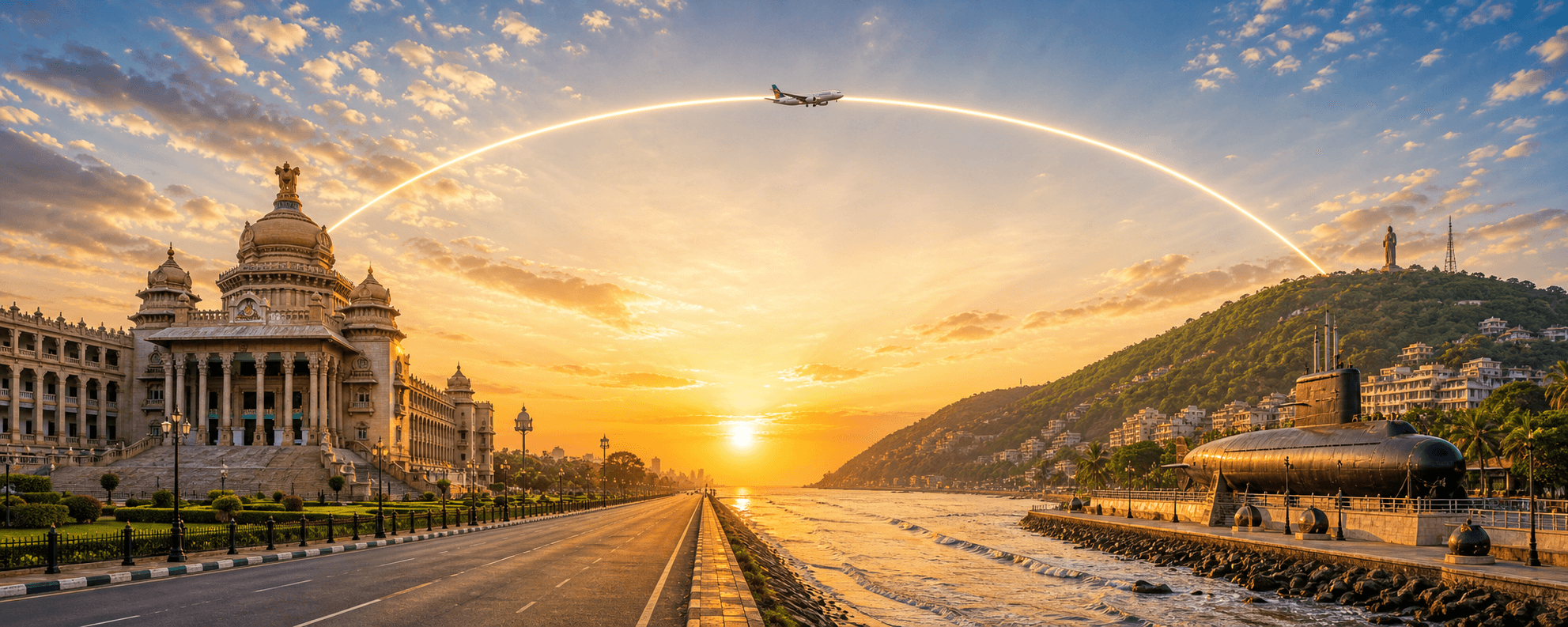 Bengaluru to Visakhapatnam travel route hero with a flight path connecting two destinations