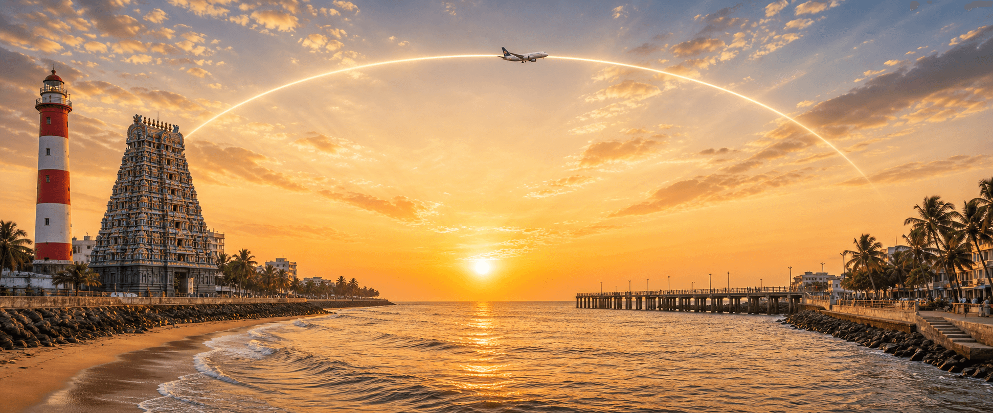 Chennai to Kozhikode travel route hero with a flight path connecting two destinations