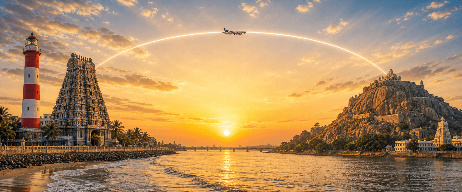 Chennai to Tiruchirappalli travel route hero with a flight path connecting two destinations