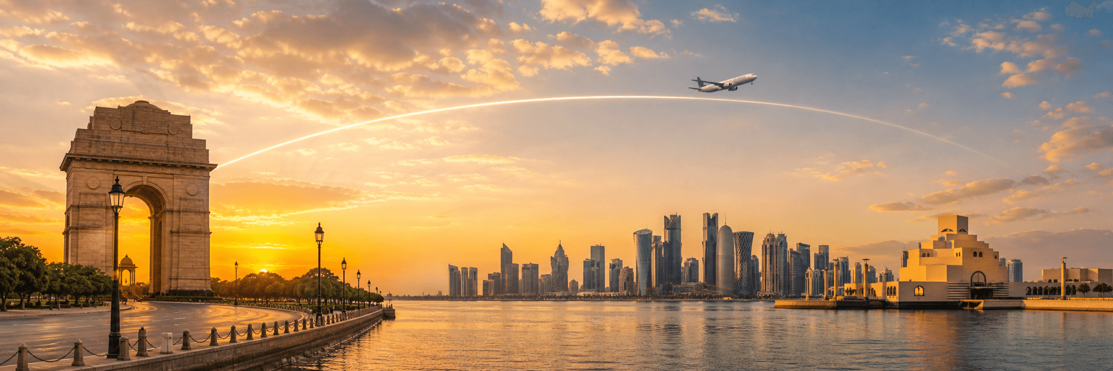 Delhi to Doha travel route hero with a flight path connecting two destinations