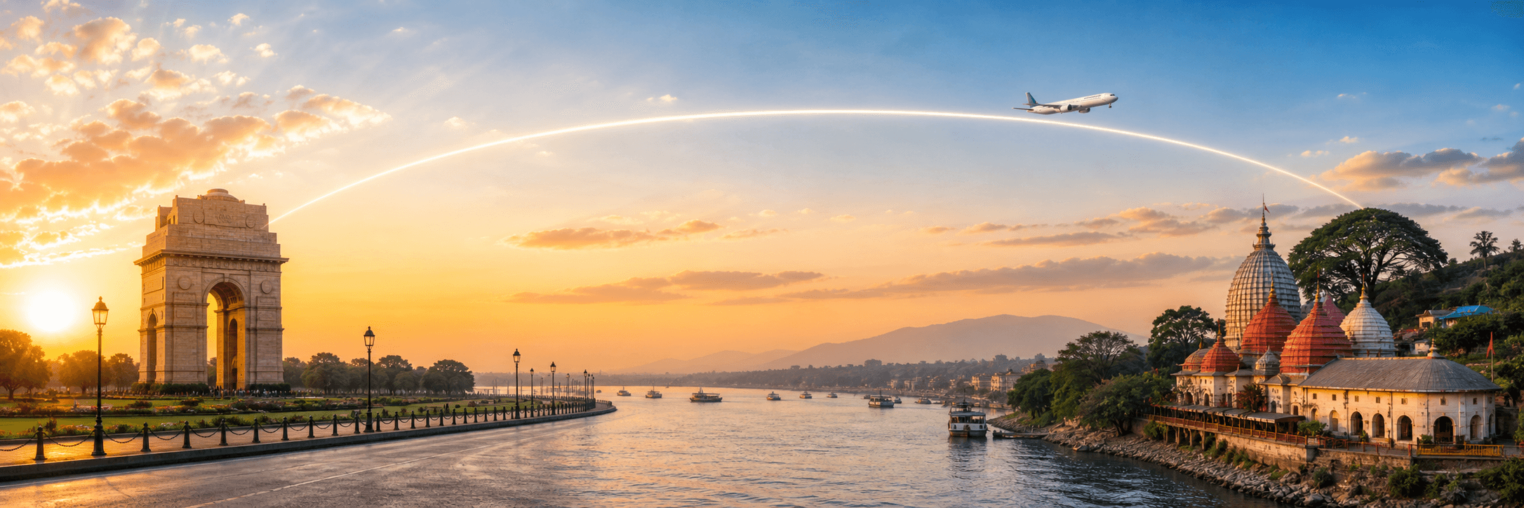 Delhi to Guwahati travel route hero with a flight path connecting two destinations