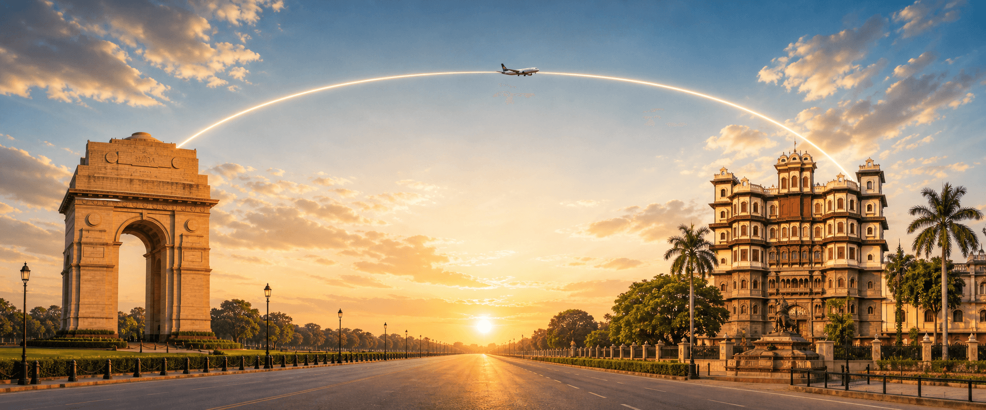Delhi to Indore travel route hero with a flight path connecting two destinations