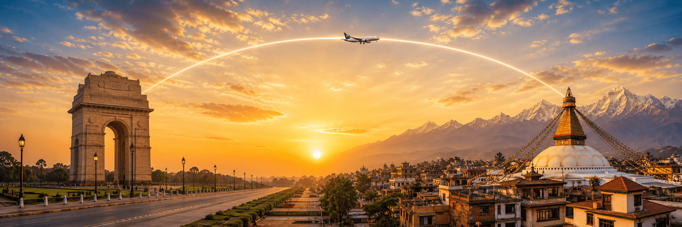 Delhi to Kathmandu travel route hero with a flight path connecting two destinations